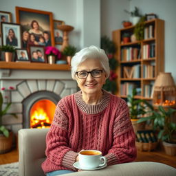 A cheerful and loving grandmother sitting in a cozy living room, surrounded by family photos and a warm fireplace