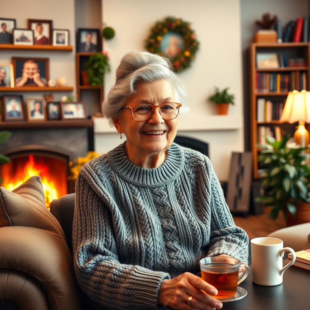 A cheerful and loving grandmother sitting in a cozy living room, surrounded by family photos and a warm fireplace