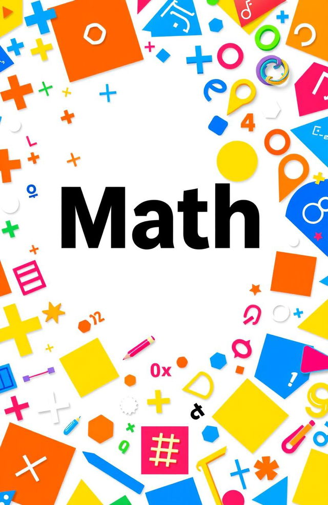 A vibrant and eye-catching math book cover design featuring a variety of mathematical symbols, numbers, and equations