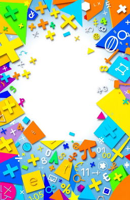 A vibrant and eye-catching math book cover design featuring a plethora of mathematical symbols, numbers, and equations