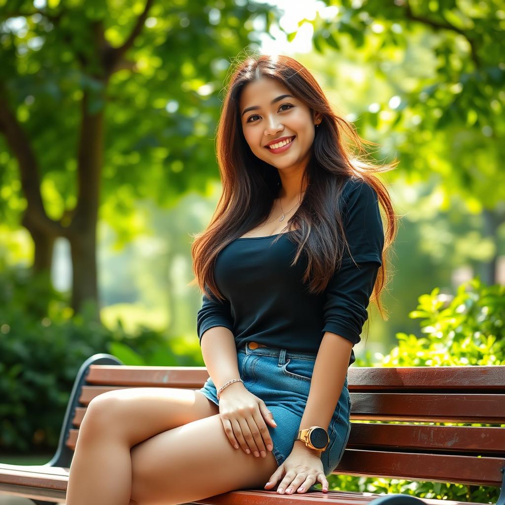 A beautiful Indonesian female university student with large breasts, dressed stylishly in a casual yet trendy outfit, sitting on a campus bench surrounded by lush greenery