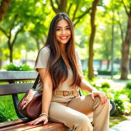 A beautiful Indonesian female university student with large breasts, dressed stylishly in a casual yet trendy outfit, sitting on a campus bench surrounded by lush greenery