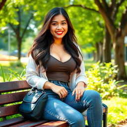 A beautiful Indonesian female university student with large breasts, dressed stylishly in a casual yet trendy outfit, sitting on a campus bench surrounded by lush greenery