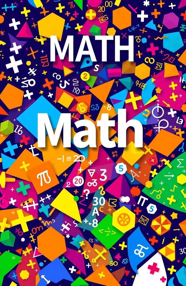 A vibrant and eye-catching math book cover design featuring a plethora of mathematical symbols, numbers, and equations