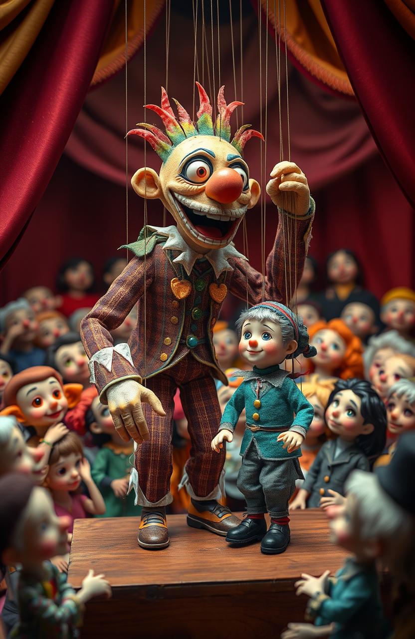 A whimsical scene featuring a larger marionette player controlling a smaller marionette player