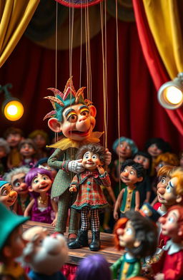 A whimsical scene featuring a larger marionette player controlling a smaller marionette player
