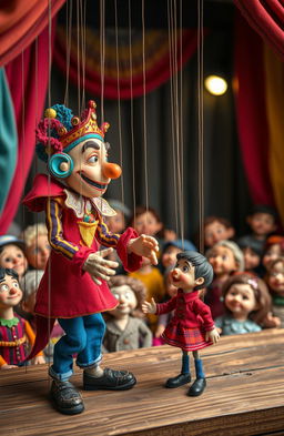 A whimsical scene featuring a larger marionette player controlling a smaller marionette player
