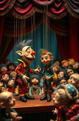 A whimsical scene featuring a larger marionette player controlling a smaller marionette player