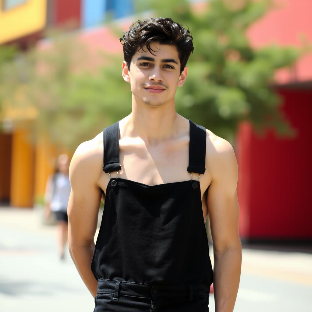 A tall, slender young man in his thirties, wearing black overalls
