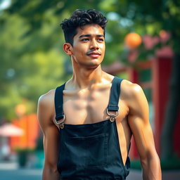 A tall, slender young man in his thirties, wearing black overalls