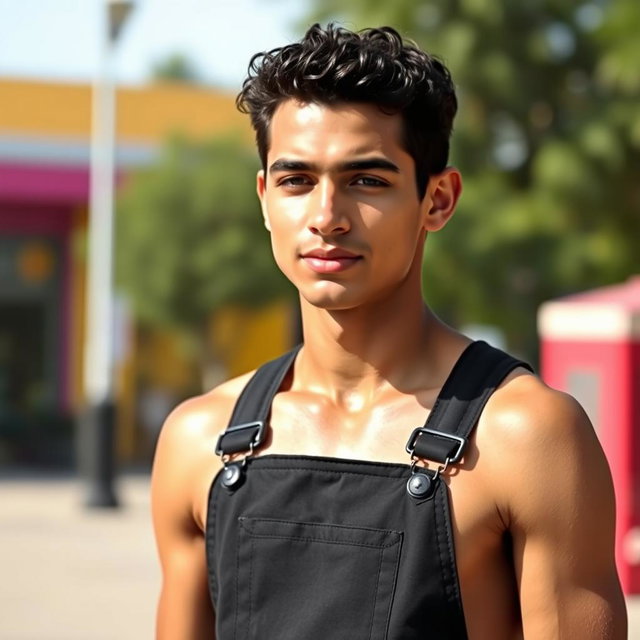 A tall, slender young man in his thirties, wearing black overalls