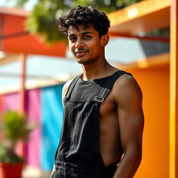A tall, slender young man in his thirties, wearing black overalls