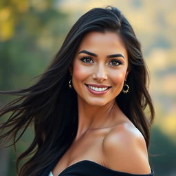 A beautifully styled portrait of a confident, attractive adult woman with long, flowing dark hair and bright, engaging eyes