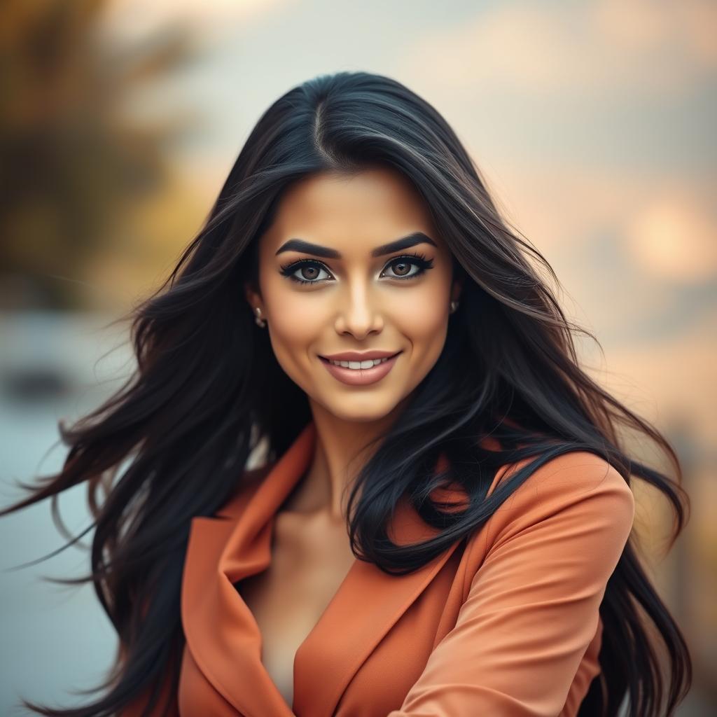 A beautifully styled portrait of a confident, attractive adult woman with long, flowing dark hair and bright, engaging eyes