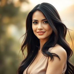 A beautifully styled portrait of a confident, attractive adult woman with long, flowing dark hair and bright, engaging eyes