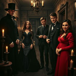 Inside a dark hall of a forbidden villa, there are four mysterious figures dressed in elegant Victorian attire