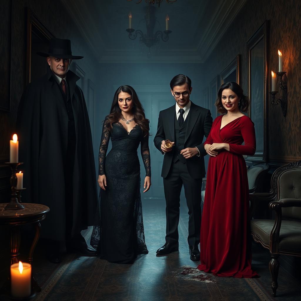 Inside a dark hall of a forbidden villa, there are four mysterious figures dressed in elegant Victorian attire