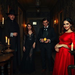 Inside a dark hall of a forbidden villa, there are four mysterious figures dressed in elegant Victorian attire