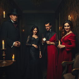 Inside a dark hall of a forbidden villa, there are four mysterious figures dressed in elegant Victorian attire