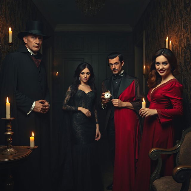 Inside a dark hall of a forbidden villa, there are four mysterious figures dressed in elegant Victorian attire