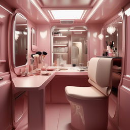 A functional plan for a classy vanity container for a celebrity, incorporating a practical bathroom, comfortable sitting area, compact kitchenette, and a sophisticated makeup section.