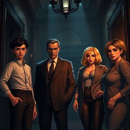 Inside a dark hall of a forbidden villa, four characters gather in dramatic lighting