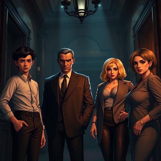 Inside a dark hall of a forbidden villa, four characters gather in dramatic lighting