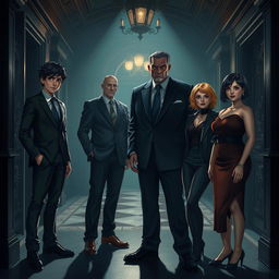 Inside a dark hall of a forbidden villa, four characters gather in dramatic lighting