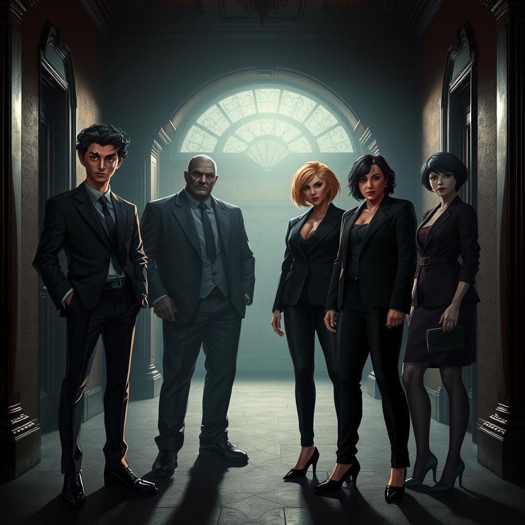 Inside a dark hall of a forbidden villa, four characters gather in dramatic lighting