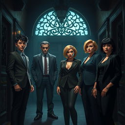 Inside a dark hall of a forbidden villa, four characters gather in dramatic lighting