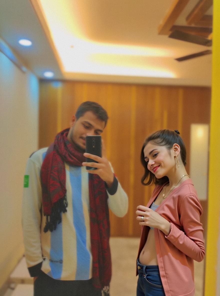 A man taking a selfie in a stylish room, wearing a long-sleeved striped sweater in blue and white, and a vibrant red scarf