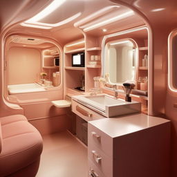 A functional plan for a classy vanity container for a celebrity, incorporating a practical bathroom, comfortable sitting area, compact kitchenette, and a sophisticated makeup section.