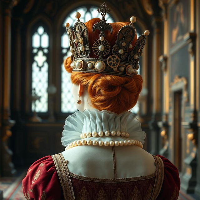 A royal portrait from the back view of Queen Elizabeth I, elegantly adorned with a stunning steampunk crown embellished with intricate gears and pearls, highlighting her iconic ruff collar
