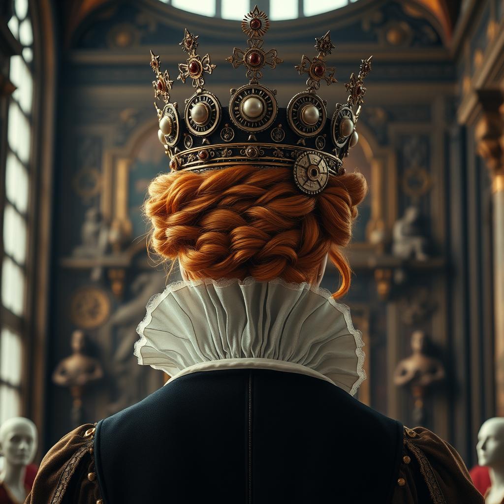 A royal portrait from the back view of Queen Elizabeth I, elegantly adorned with a stunning steampunk crown embellished with intricate gears and pearls, highlighting her iconic ruff collar