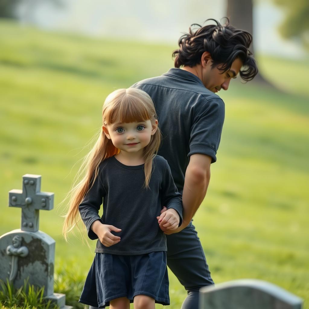 A tender scene featuring a 27-year-old man with curvy black short hair and a 7-year-old girl with long, tall blonde hair