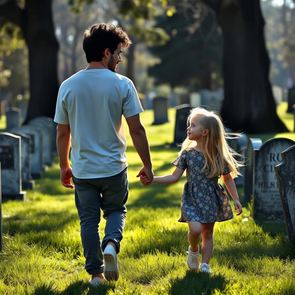 A 27-year-old man with curvy short black hair, wearing casual clothing, is walking hand in hand with a 7-year-old girl who has tall blonde hair, dressed in a cheerful outfit