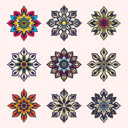 A series of unique and intricate geometric patterns, showcasing various shapes and lines in vibrant colors