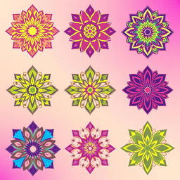 A series of unique and intricate geometric patterns, showcasing various shapes and lines in vibrant colors