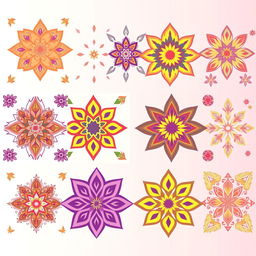 A series of unique and intricate geometric patterns, showcasing various shapes and lines in vibrant colors