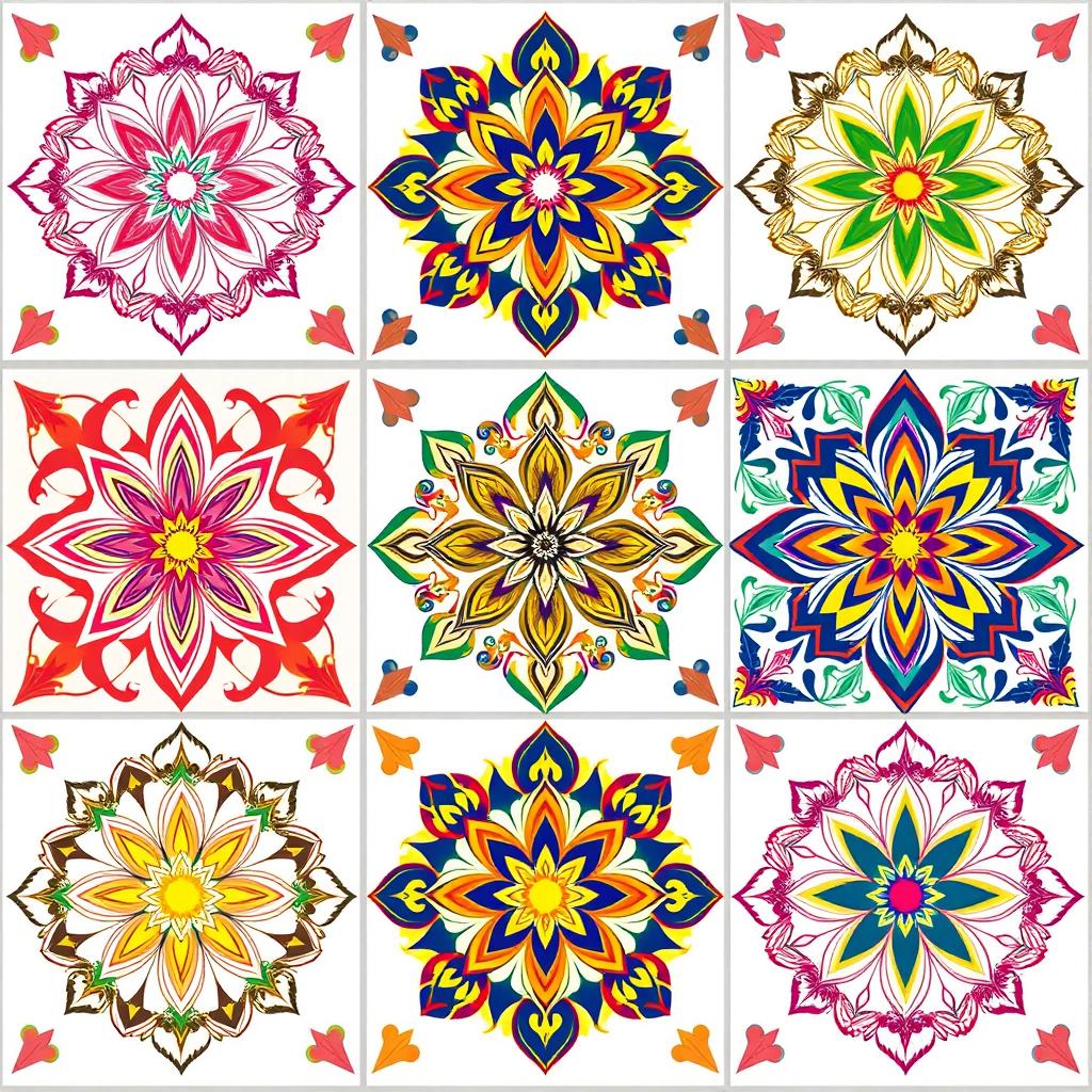 A series of unique and intricate geometric patterns, showcasing various shapes and lines in vibrant colors