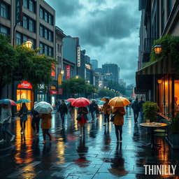 A serene and atmospheric scene depicting a rainy day in a bustling city