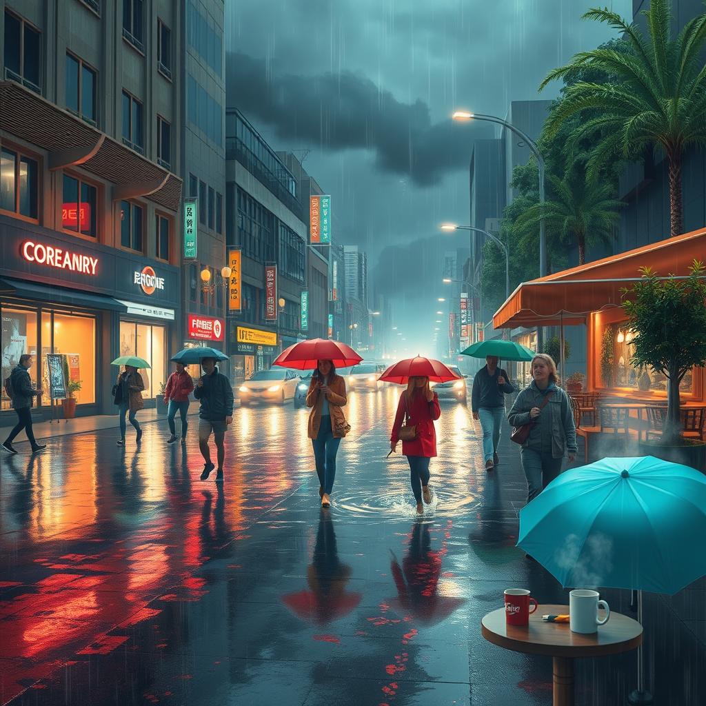 A serene and atmospheric scene depicting a rainy day in a bustling city