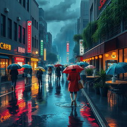 A serene and atmospheric scene depicting a rainy day in a bustling city