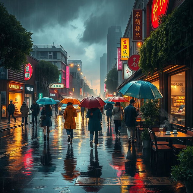 A serene and atmospheric scene depicting a rainy day in a bustling city