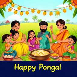 An illustrated scene of a vibrant Pongal celebration featuring a family joyfully cooking the traditional Pongal dish in a rural setting