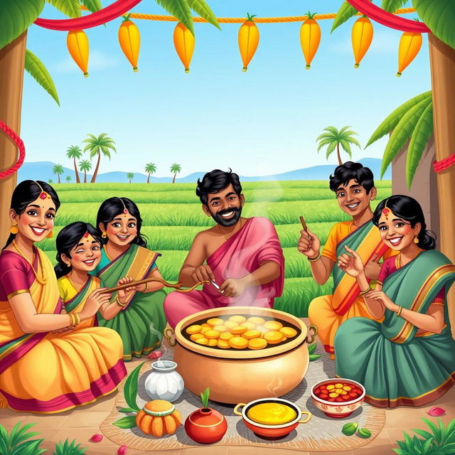 An illustrated scene of a vibrant Pongal celebration featuring a family joyfully cooking the traditional Pongal dish in a rural setting
