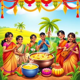 An illustrated scene of a vibrant Pongal celebration featuring a family joyfully cooking the traditional Pongal dish in a rural setting
