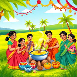 An illustrated scene of a vibrant Pongal celebration featuring a family joyfully cooking the traditional Pongal dish in a rural setting