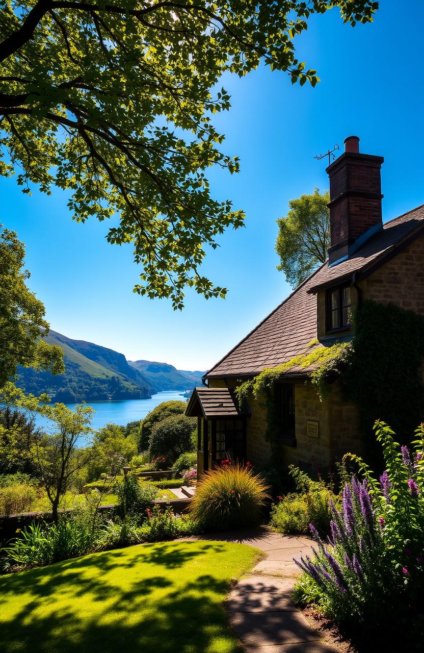 A scenic view of Dove Cottage, the former home of poet William Wordsworth, nestled in the beautiful Lake District of England