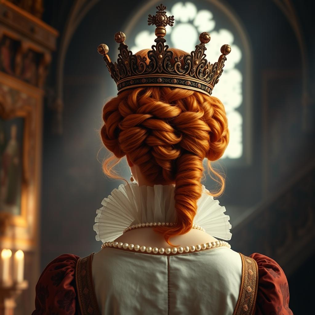 A captivating royal portrait from the back view of Queen Elizabeth I, showcasing her elegant steampunk crown adorned with pearls and her distinctive ruff collar